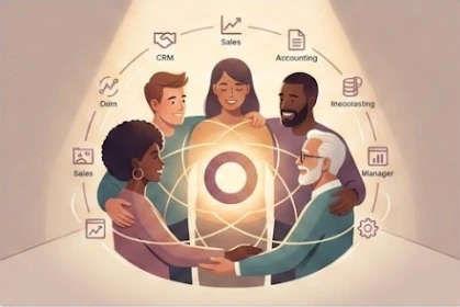 An illustration of a diverse enterprise team standing together, connected by Odoo ERP module icons including CRM, Sales, and Accounting