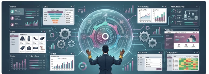 A futuristic panoramic AI dashboard showing enterprise data modules like CRM, Sales, and Accounting, with a businessman interacting with a glowing digital brain core interface.